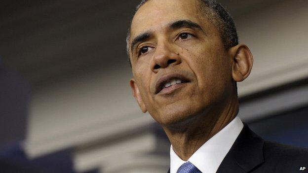 President Barack Obama in a press briefing room in the White House