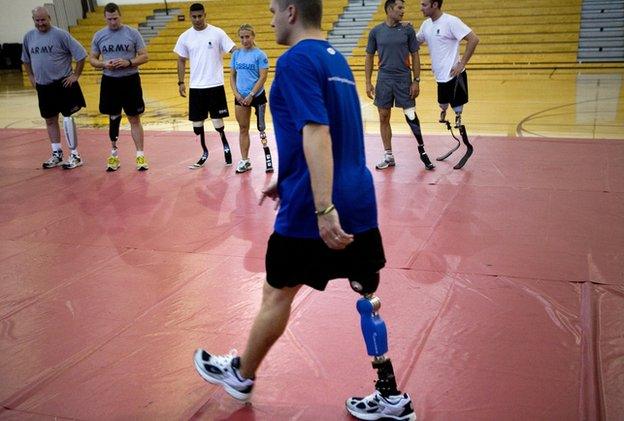 Veterans practice walking with prosthetics