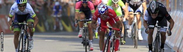 Nacer Bouhanni (centre) wins his third stage of this year's race