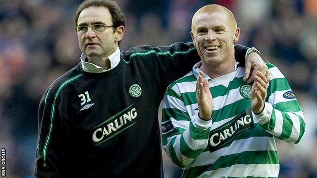 Martin O'Neill and Neil Lennon celebrate a Celtic win at Ibrox in 2004