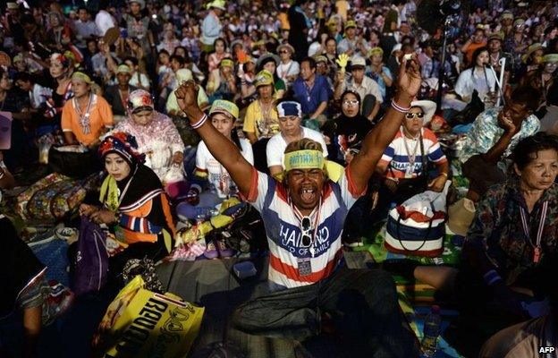 PDRC protesters celebrate at their camp outside Government House in Bangkok, Thailand (22 May 2014)