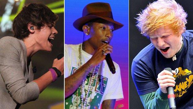 One Direction, Pharrell Williams and Ed Sheeran (left-right) will all appear during the weekend