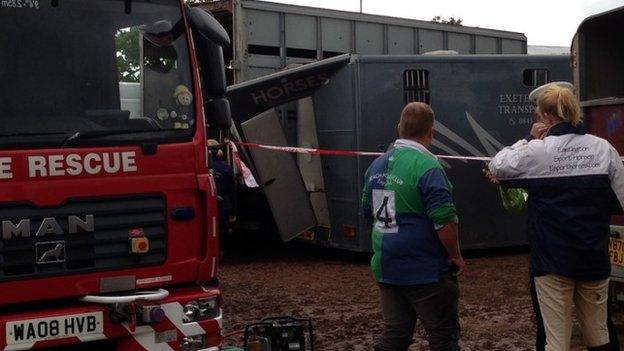 Damaged horse box at Devon County Show