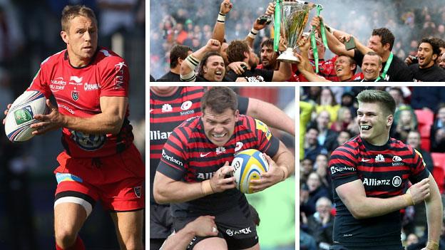 Clockwise from left: Toulon fly-half Jonny Wilkinson, Toulon lift the trophy in 2013, Saracens fly-half Owen Farrell and Saracens hooker Schalk Brits