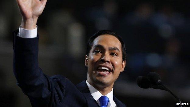 Keynote speaker and San Antonio, Texas Mayor Julian Castro waves while addressing the first session of the Democratic National Convention in Charlotte, North Carolina in this file photo from 4 September 2012