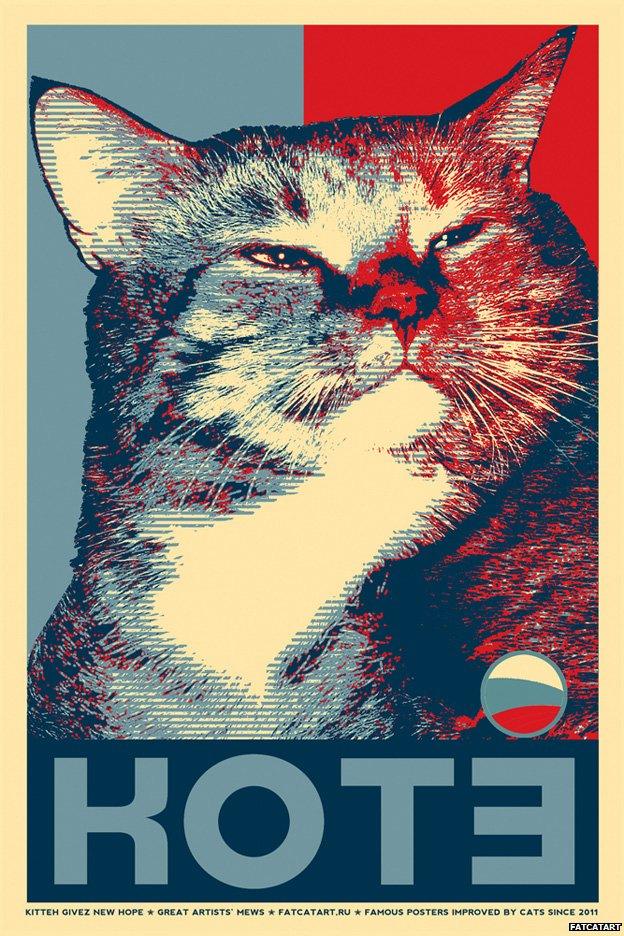 Kitteh givez new hope, based on Shepard Fairey's Hope