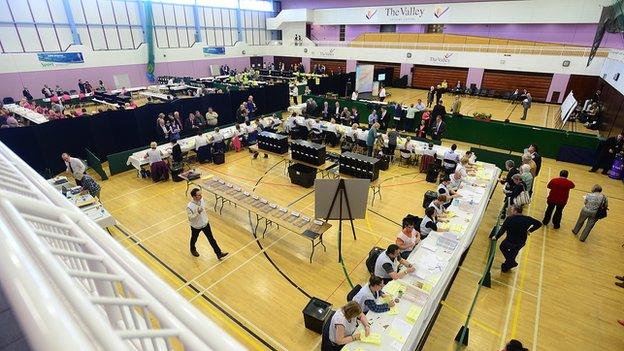 Vote counters are hard at work at the Antrim and Newtownabbey count in the Valley Leisure Centre, Newtownabbey