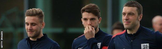 Luke Shaw with Southampton teammates Ricky Lambert and Jay Rodriguez (now injured) in England training in March 2014