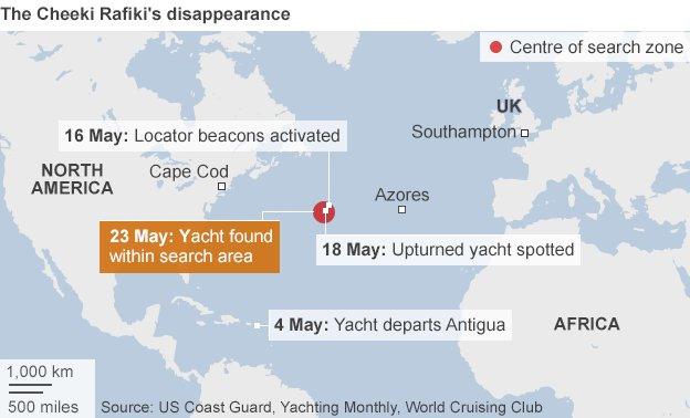 Map showing the search for the missing yacht