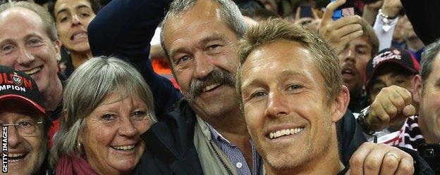 Toulon captain Jonny Wilkinson celebrates the Heineken Cup victory over Saracens with his parents Phillipa and Phil