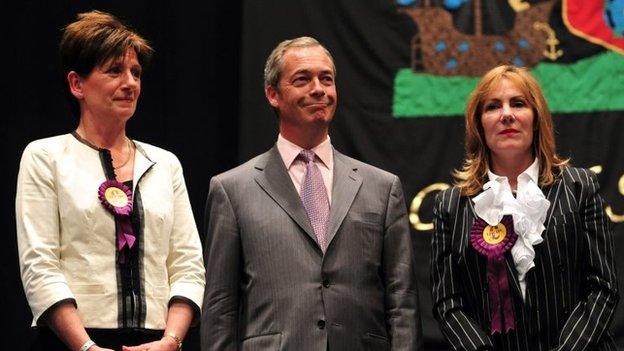 Nigel Farage flanked by fellow UKIP MEPs Janice Atkinson and Diane James