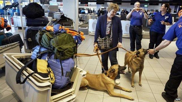 Dutch rescuers and rescue dogs arrive at Schiphol Airport, in Amsterdam on 25 May, 2014