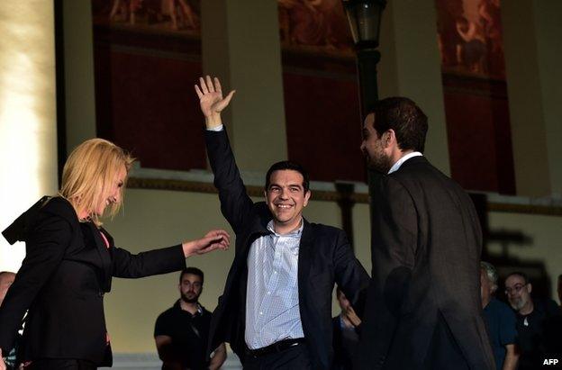 Syriza leader Alexis Tsipras celebrates in Athens, 25 May