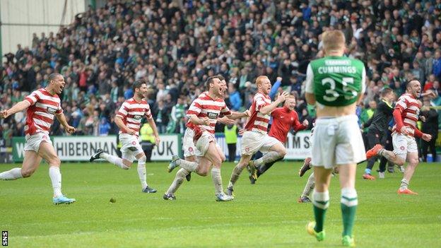 Hamilton players celebrate after winning the penalty shoot-out against Hibernian