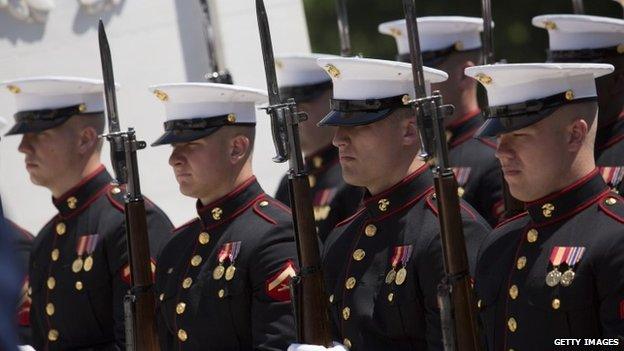 US Marines at a wreath laying ceremony with President Barack Obama at the Tomb of the Unknown Soldier at Arlington National Cemetery (26 May 2014)