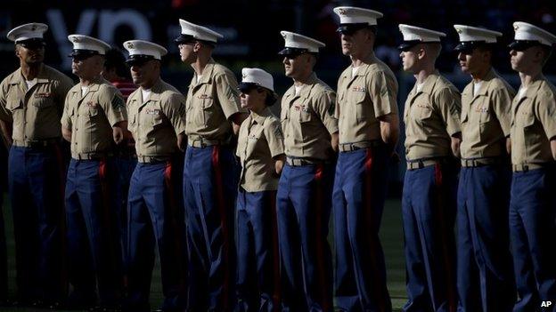 US Marines at Armed Forces Day before a baseball game between the Los Angeles Angels and the Tampa Bay Rays in Anaheim, California (17 May 2014)