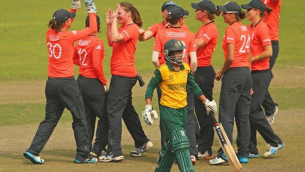 England celebrate a wicket against South Africa