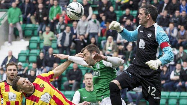 Partick Thistle goalkeeper Paul Gallacher in action against Hibernian