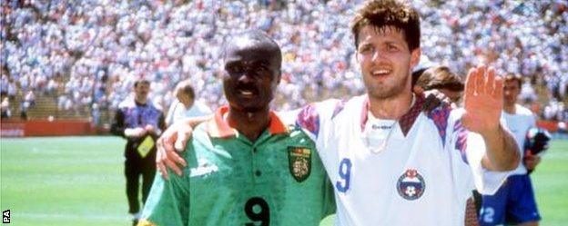 Roger Milla and Oleg Salenko pictured after the 1994 game in which they both set World Cup records