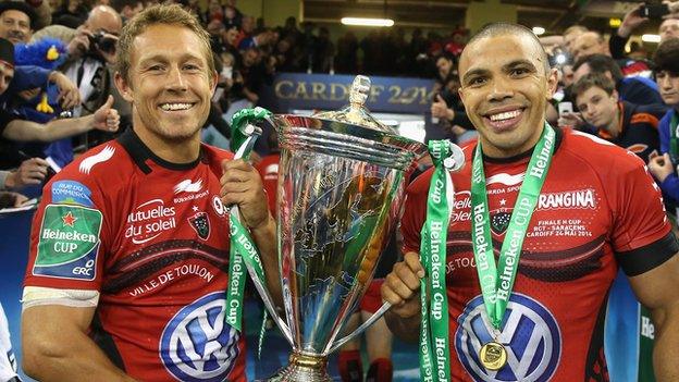 Jonny Wilkinson and Bran Habana celebrate Toulon's 2014 Heineken Cup win