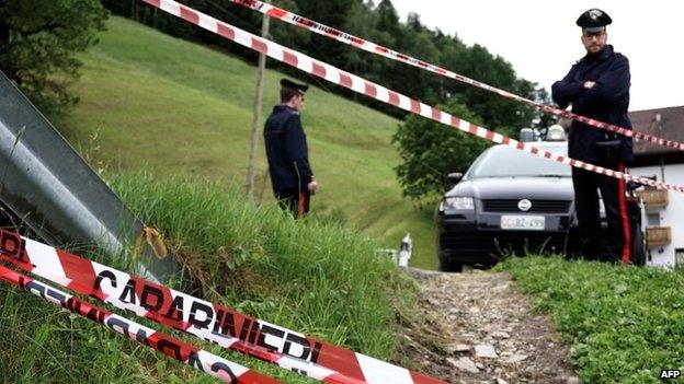 Italian Police close a street near Germany"s national football team"s training camp in San Martino in Passiria on May 27