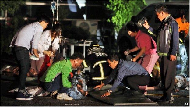 Rescue workers treat victims of a major fire at a hospital in Jangseong, South Korea, Wednesday, 28 May.