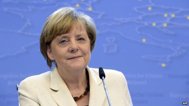 German Chancellor Angela Merkel talks to the media on 27 May 2014.