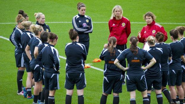 Scotland head coach Anna Signeul with her players