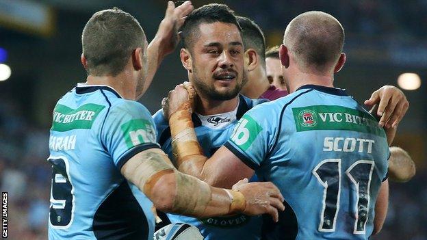 Jarryd Hayne celebrates his NSW try