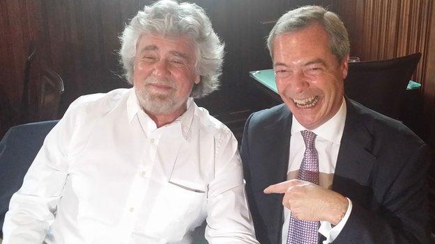 Beppe Grillo (left) meets Nigel Farage