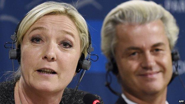 Marine Le Pen and Geert Wilders give press conference at EU parliament in Brussels. 28 May 2014