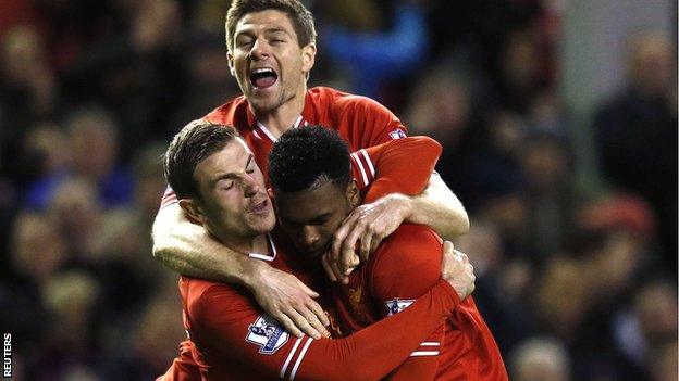 Steven Gerrard, Daniel Sturridge and Jordan Henderson celebrate