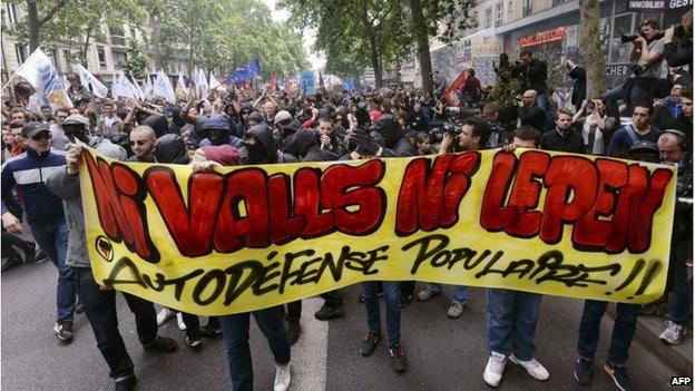 People take part in a demonstration against the Front National in Paris on 29 May.