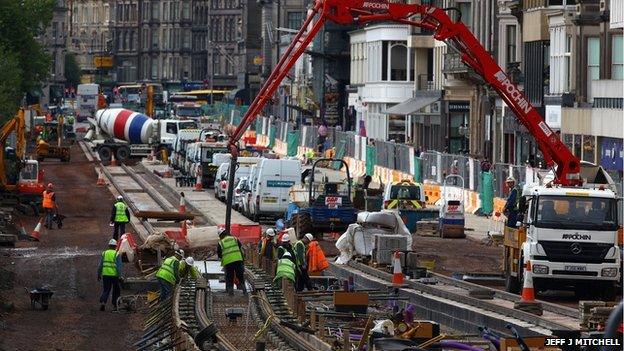 Workmen continue works on the Edinburgh tram project on Princes Street on September 30, 2009 in Edinburgh, Scotland