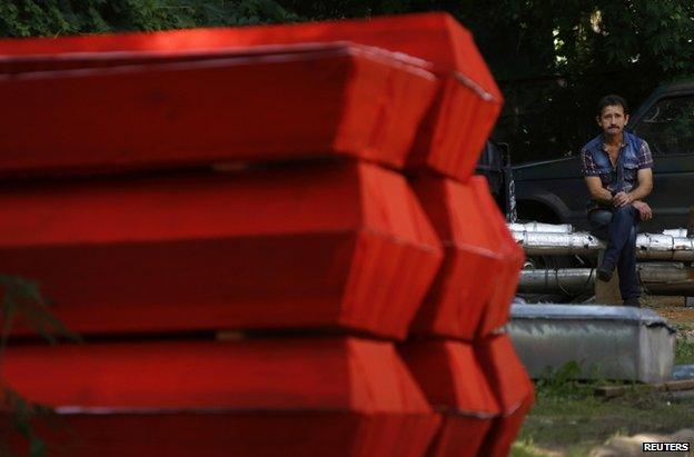 Coffins for dead Russian militants in Donetsk, 29 May