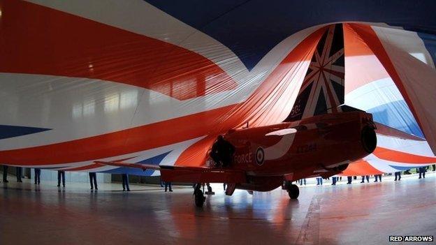 Red Arrows aircraft featuring new tail fin design