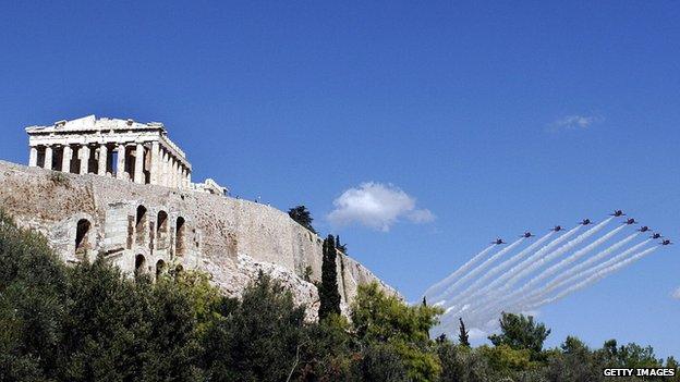 Red Arrows flying over the Acropolis