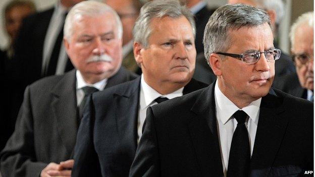 Former Polish heads of state Lech Walesa, Aleksander Kwasniewski and current President Bronislaw Komorowski attend a Catholic funeral mass for former Polish leader General Wojciech Jaruzelski