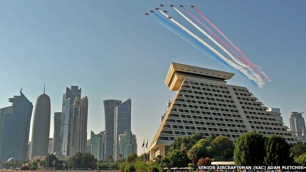 Red Arrows flying over the Sheraton hotel in Doha