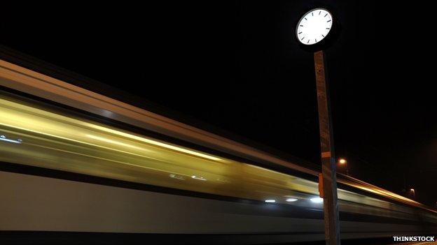 Train moving fast at night