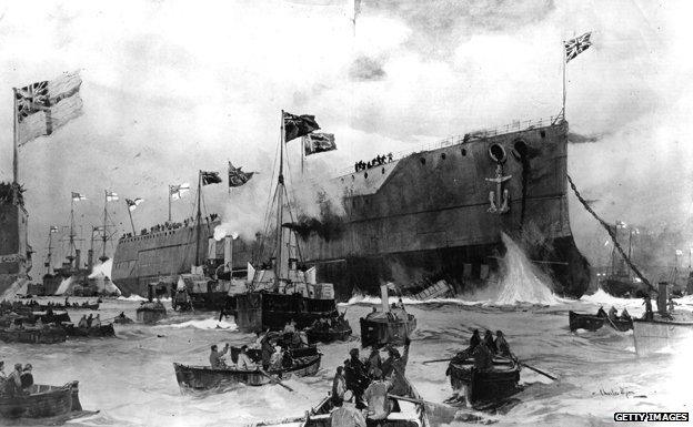 17th February 1906: The HMS 'Dreadnought' at its launch by the King at Portsmouth.