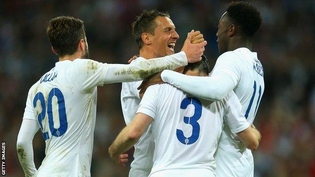 England players celebrate a goal in the 3-0 friendly win against Peru