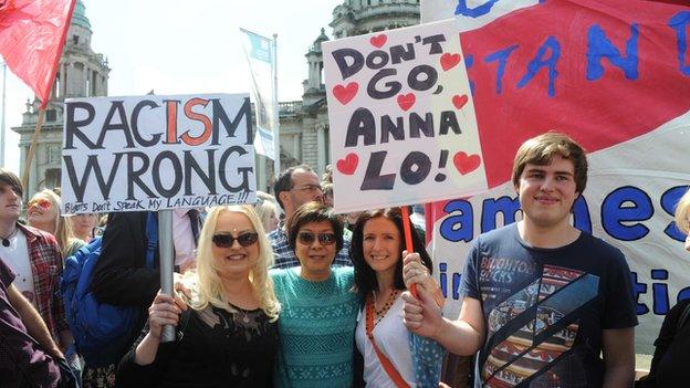 The Belfast rally was addressed by Alliance MLA Anna Lo