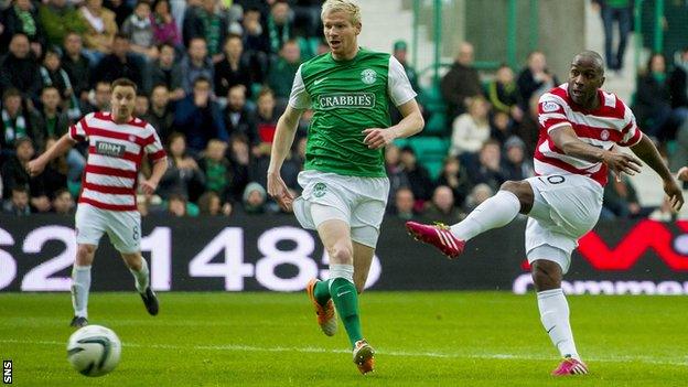 Jason Scotland scores for Hamilton in the Premiership play-off final win over Hibernian