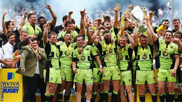 Northampton Saints with the Premiership trophy