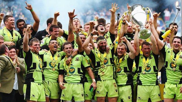 Northampton Saints with the Premiership trophy