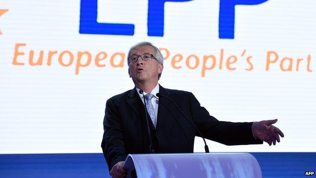 Jean-Claude Juncker delivers a speech during the announcement of the European elections results on 25 May 2014 at the European Parliament in Brussels.