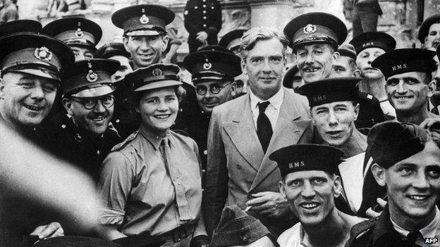 Mary Churchill with members Britain's armed services and Conservative politician Anthony Eden in the 1940s