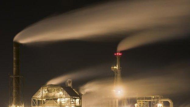 Smoke stacks at coal-fuelled power plant, Fernandina Beach, Florida, file