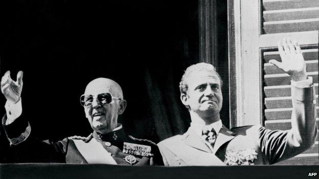 Oct 1975 photo of then Spanish head of state General Francisco Franco (L) with Prince Juan Carlos saluting the crowd in Madrid